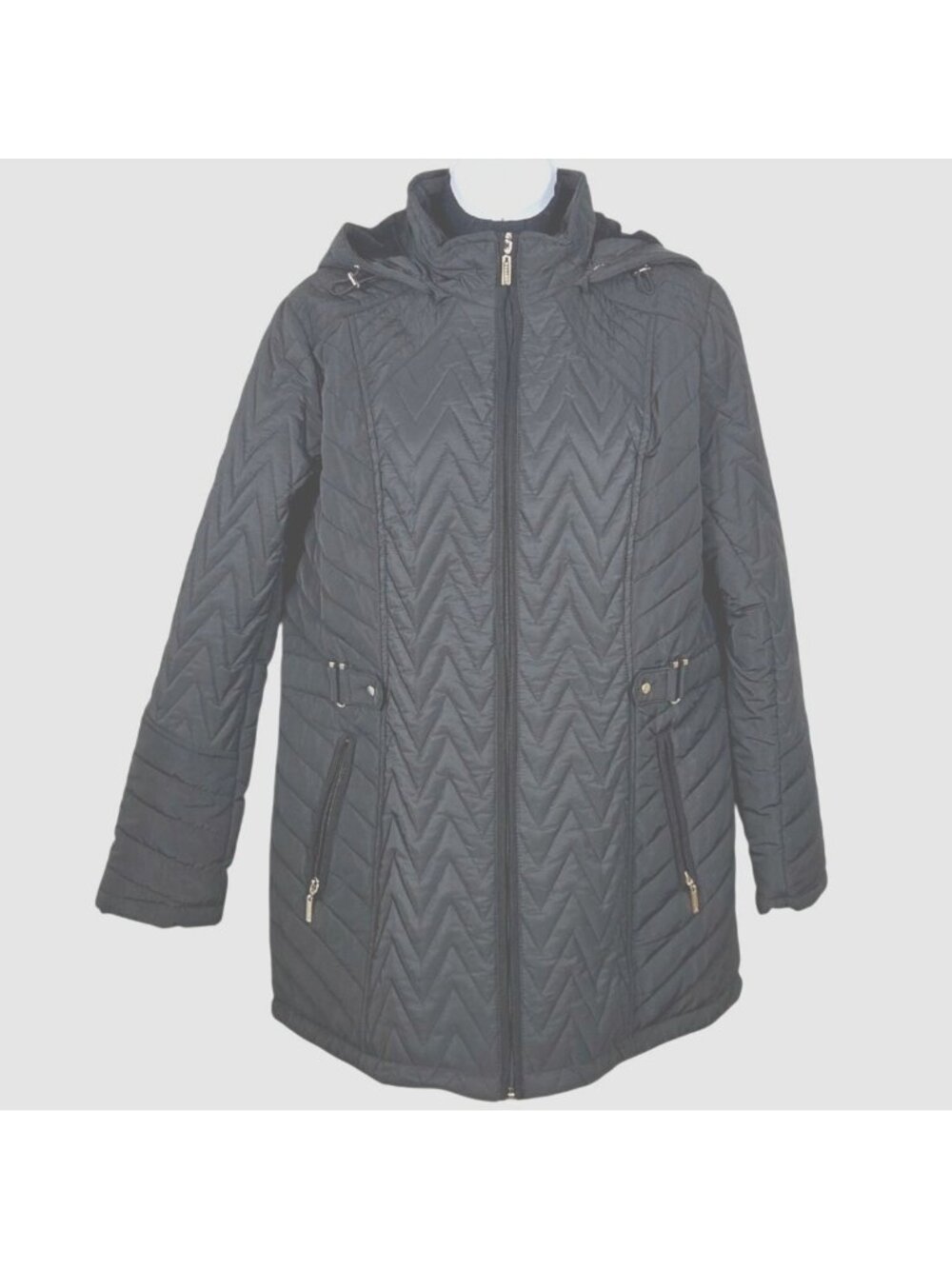 Gallery Womens Blk Quilted & Hooded Jacket W Chevron Stitching & Gold Accents Lg